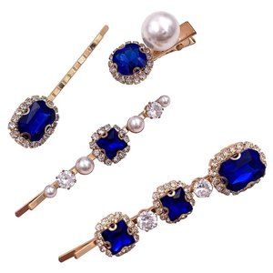 Hair Clip Vintage Crystal Gold New Pack of 4 Blue